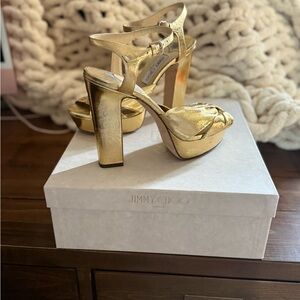 Jimmy Choo Gold Platform Heels with Ankle Strap